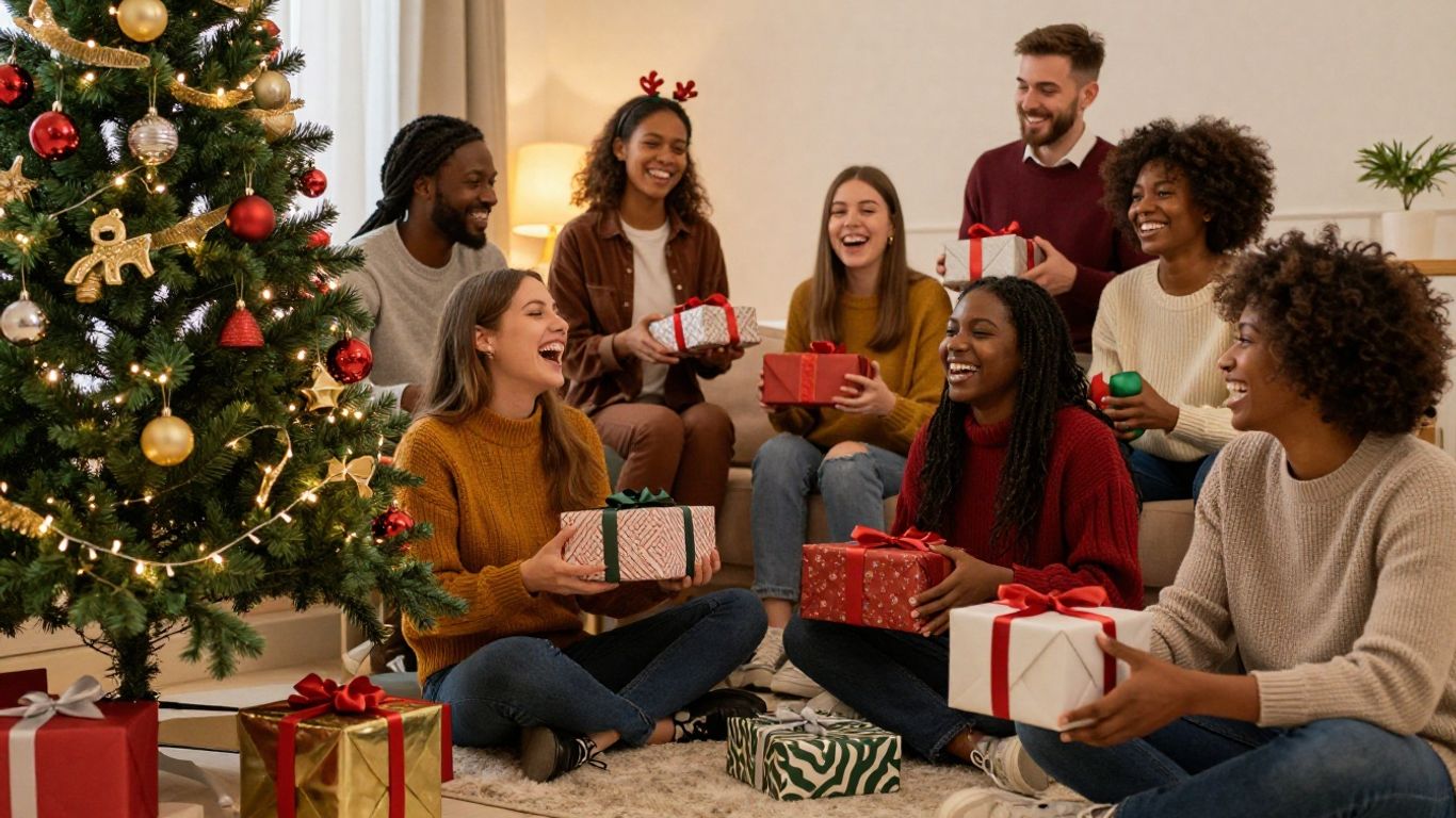 Colleagues celebrating at a festive Christmas party.