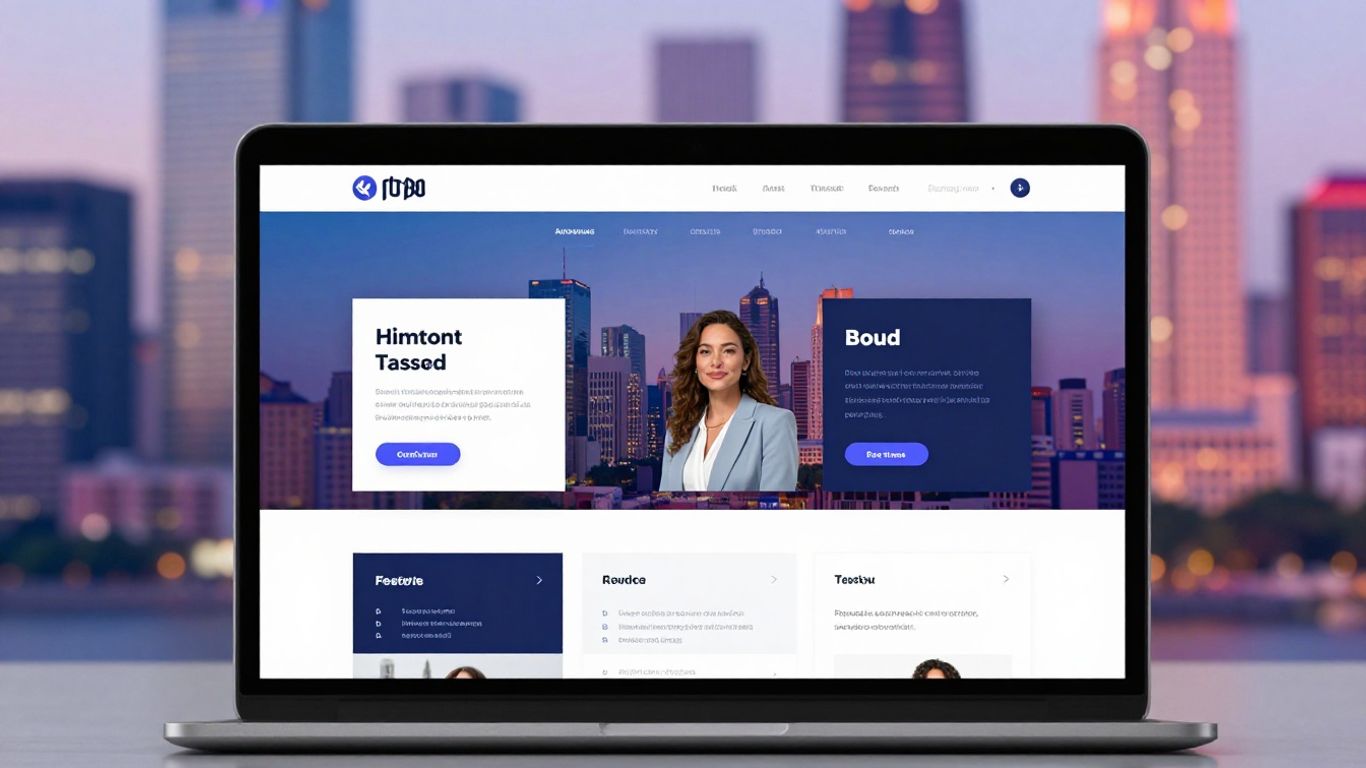 Modern website design on laptop screen, San Jose cityscape.