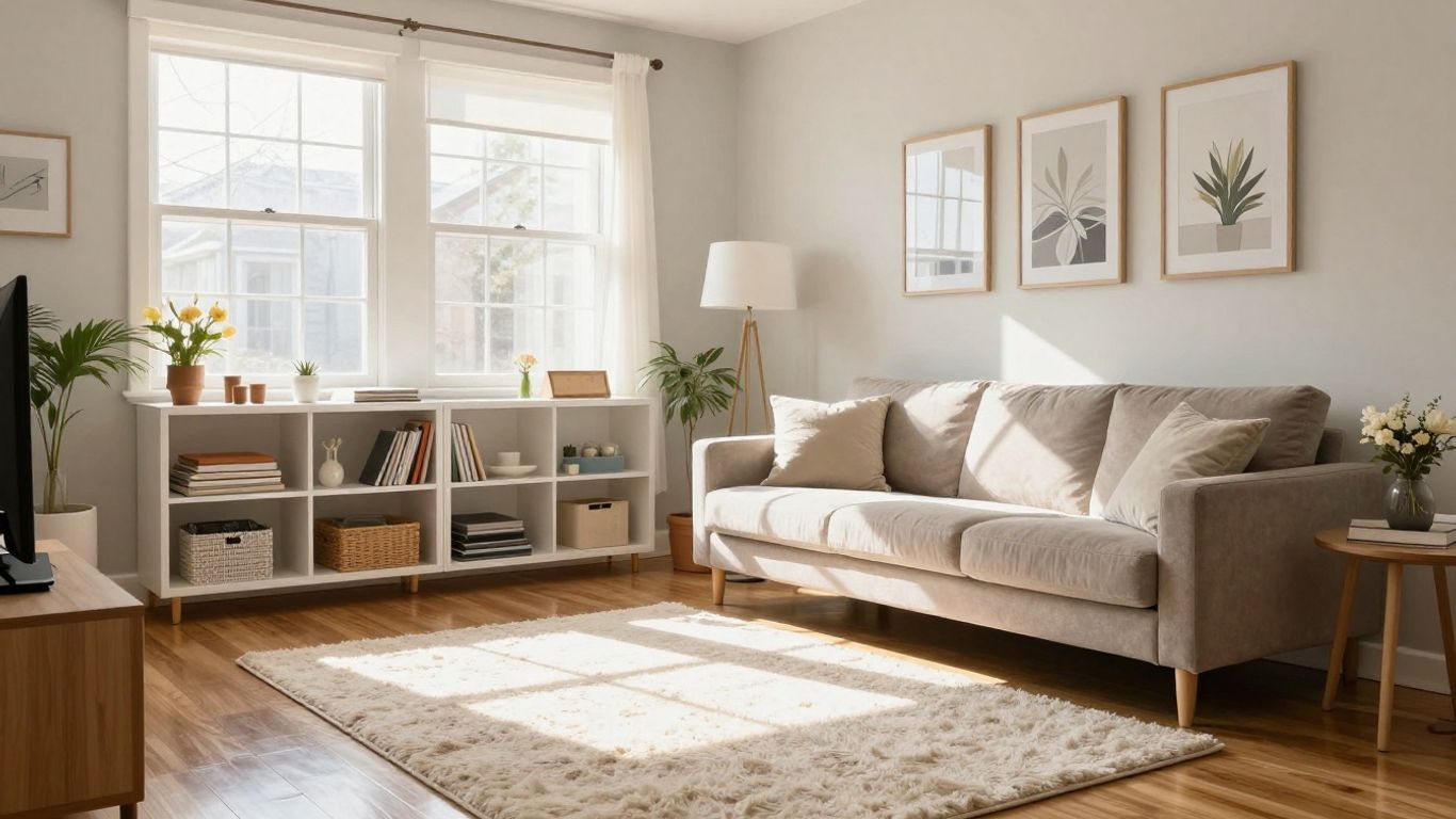 Spotless living room with sunlight and organized shelves.