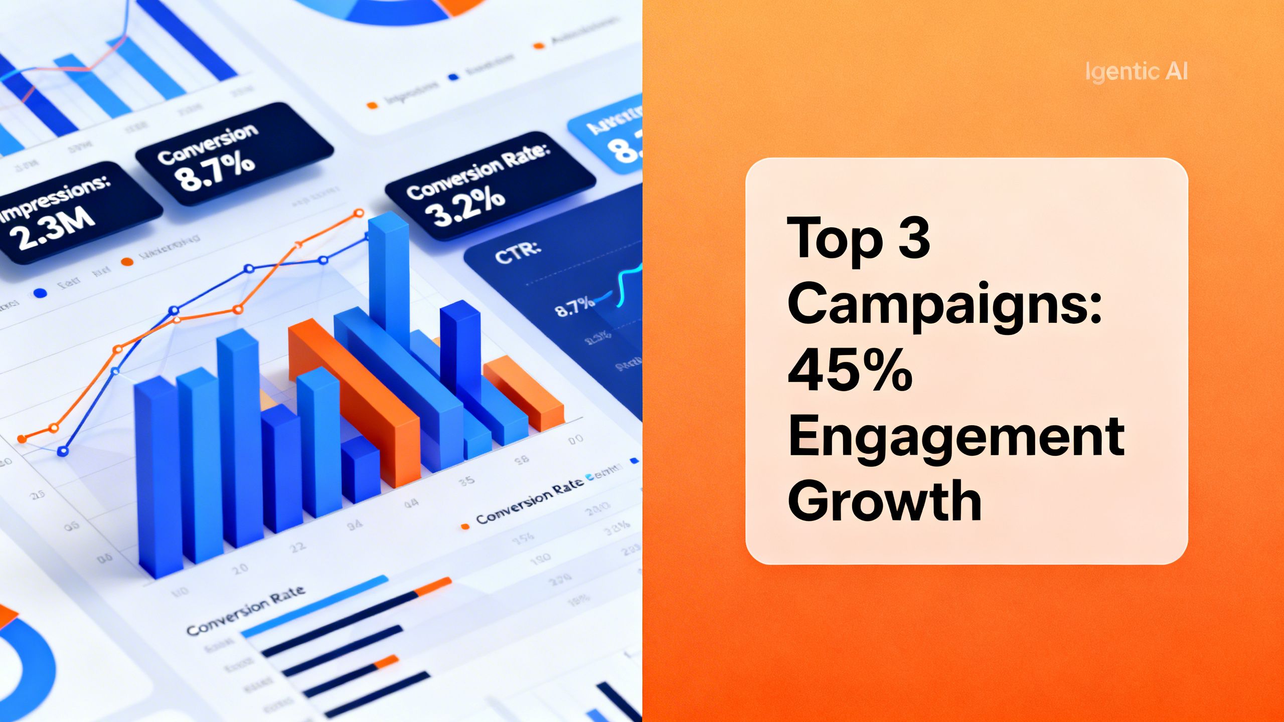 A split-screen image showing a complex advertising analytics chart on one side and a simple, clear insight from an agentic AI on the other