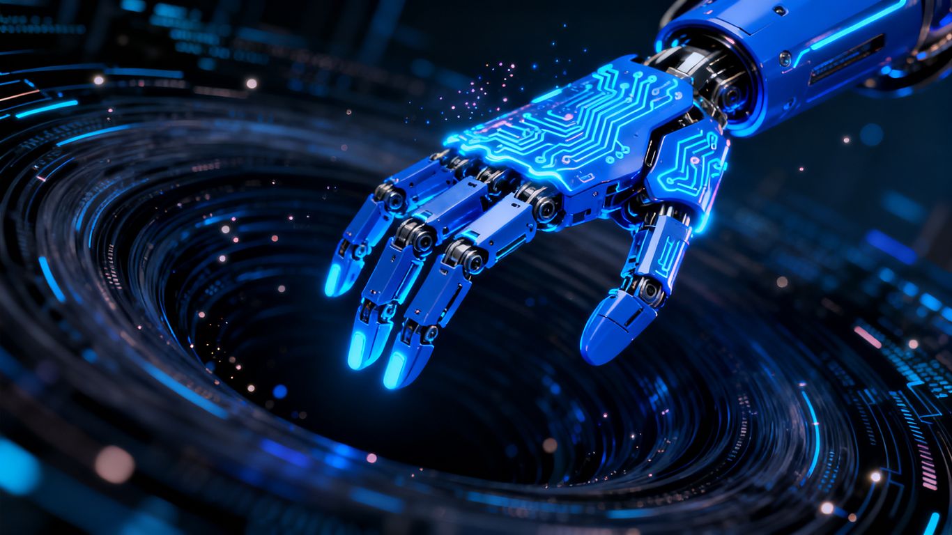 Robotic claw emerging from digital vortex.