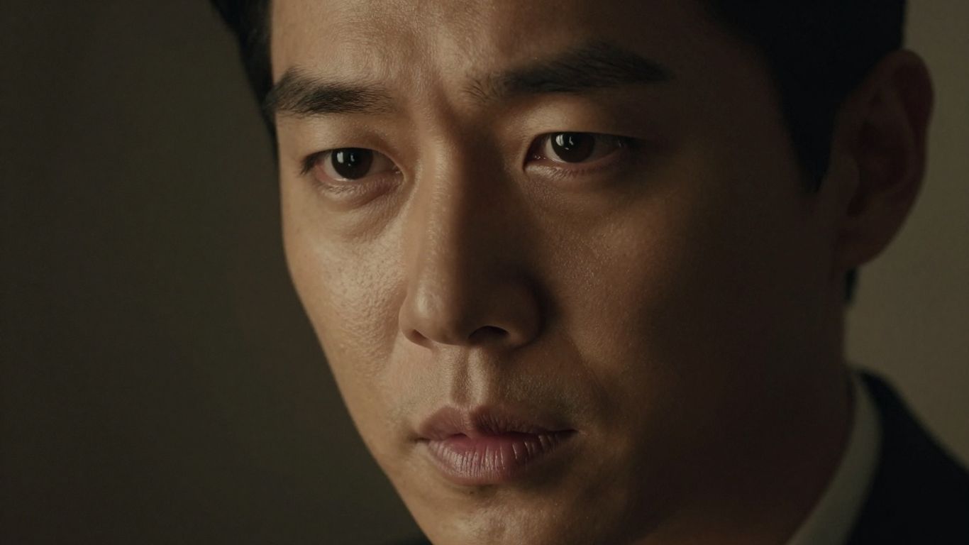 Intense gaze of a Korean actor in a dramatic film scene.