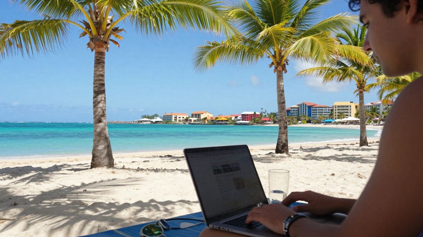 Digital nomad working on a laptop at a sunny beach.