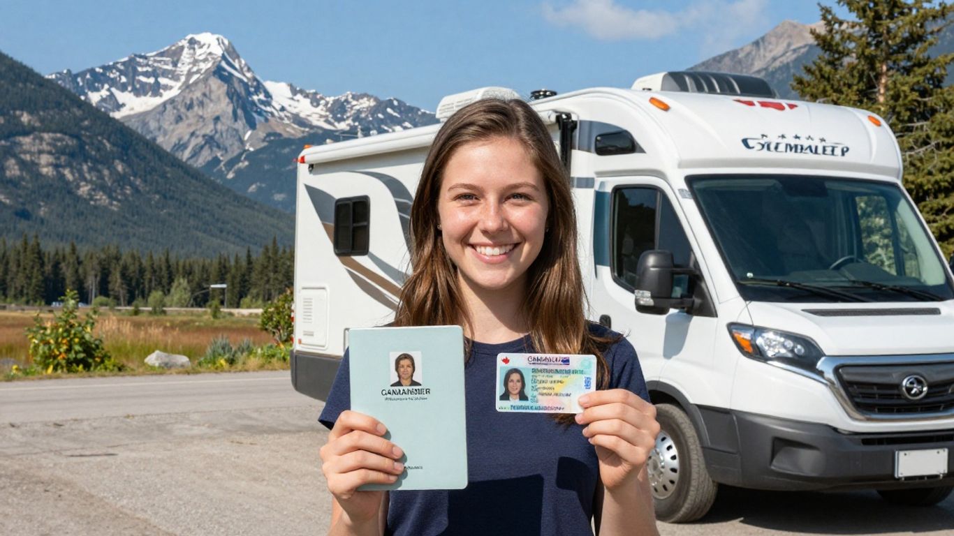 Person holding driver's license and passport with RV.