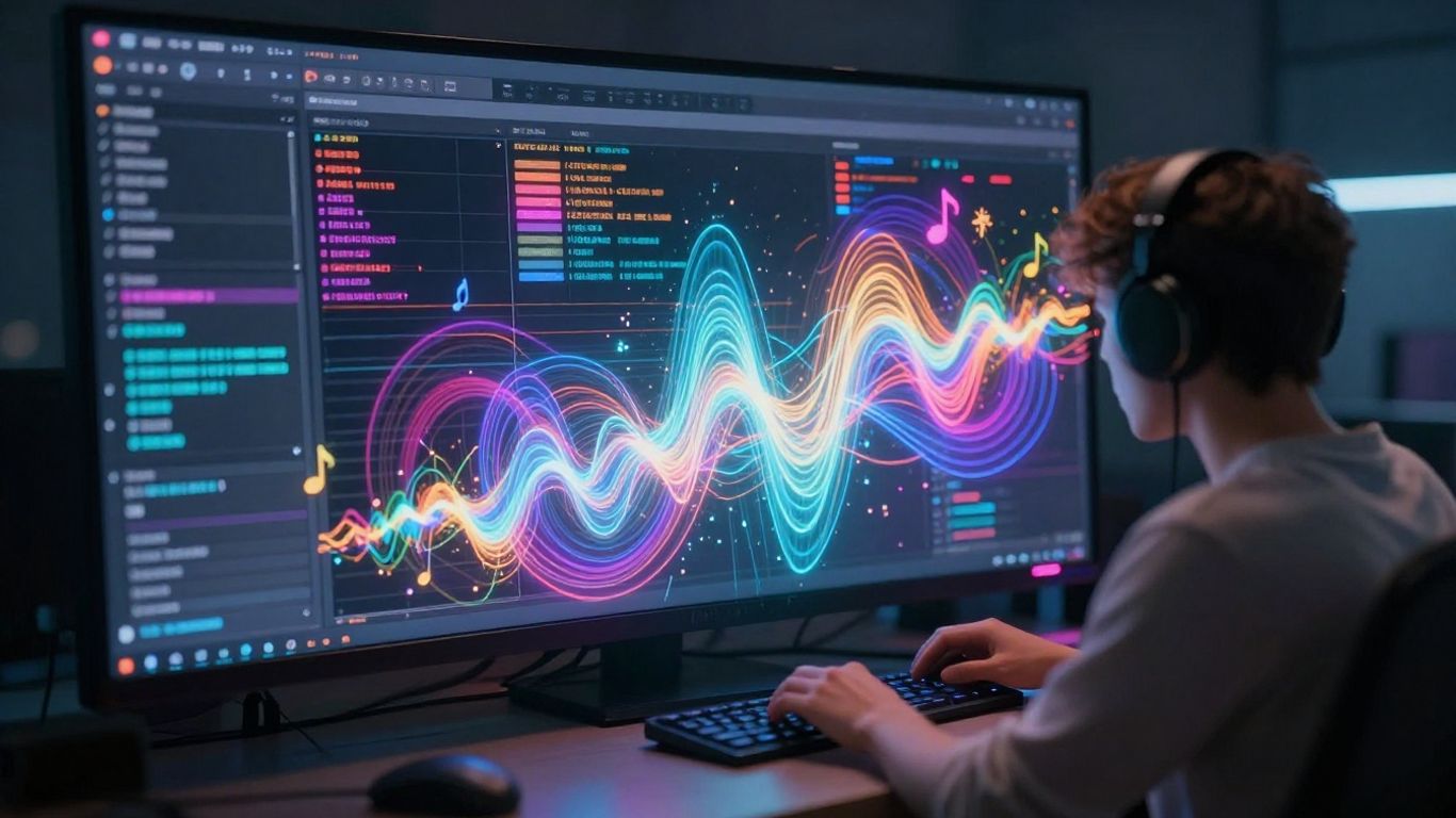AI music creation interface with sound waves and notes.