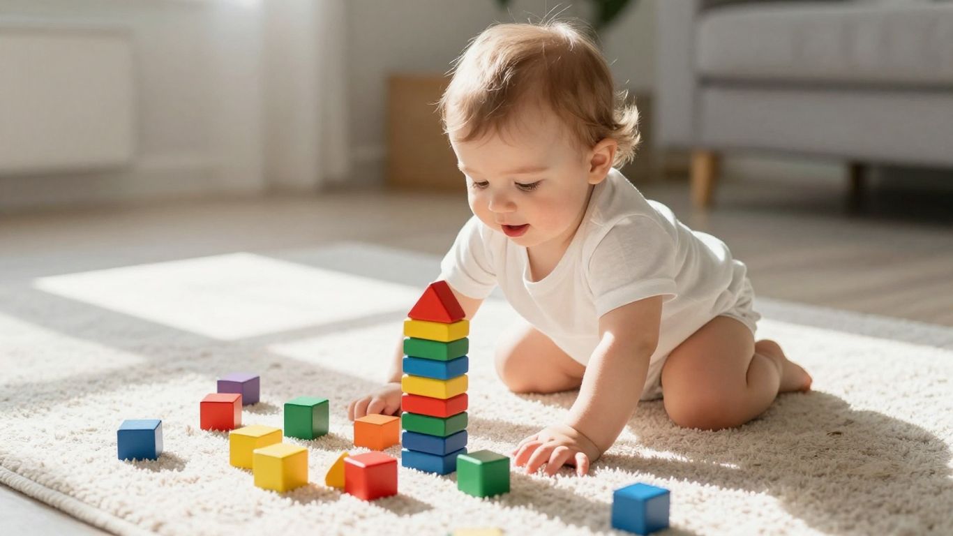 Toddler playing with colorful wooden blocks indoors.