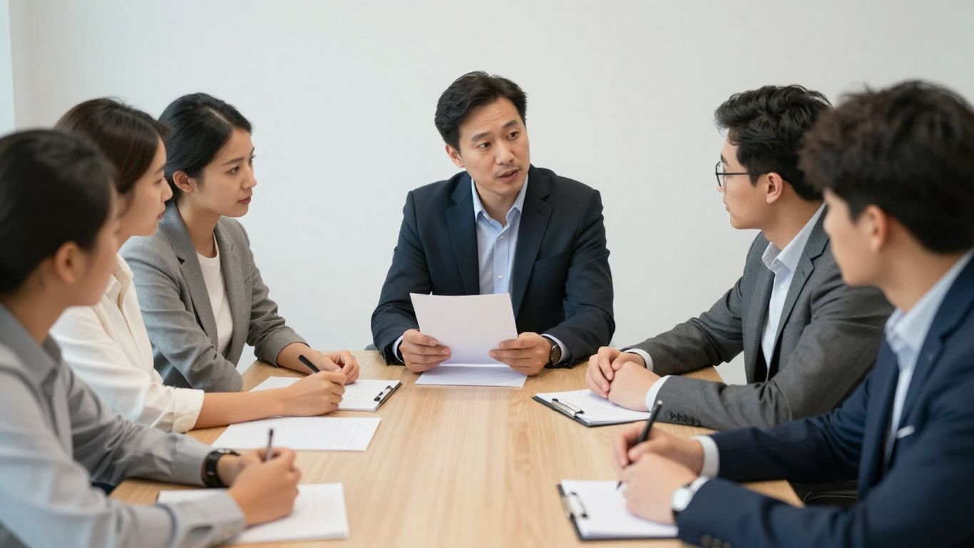 Commercial leader discussing priorities with a small team