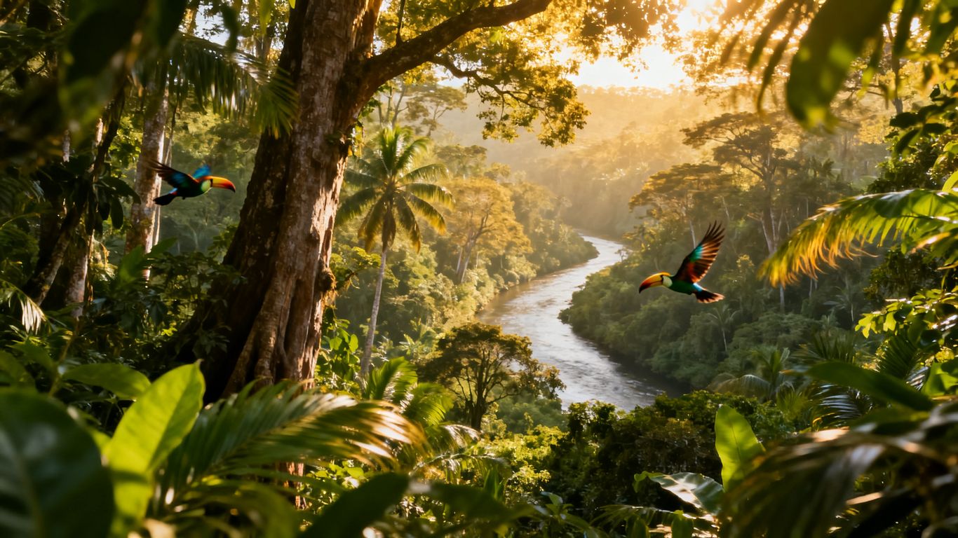 Lush rainforest canopy with a river and exotic birds.