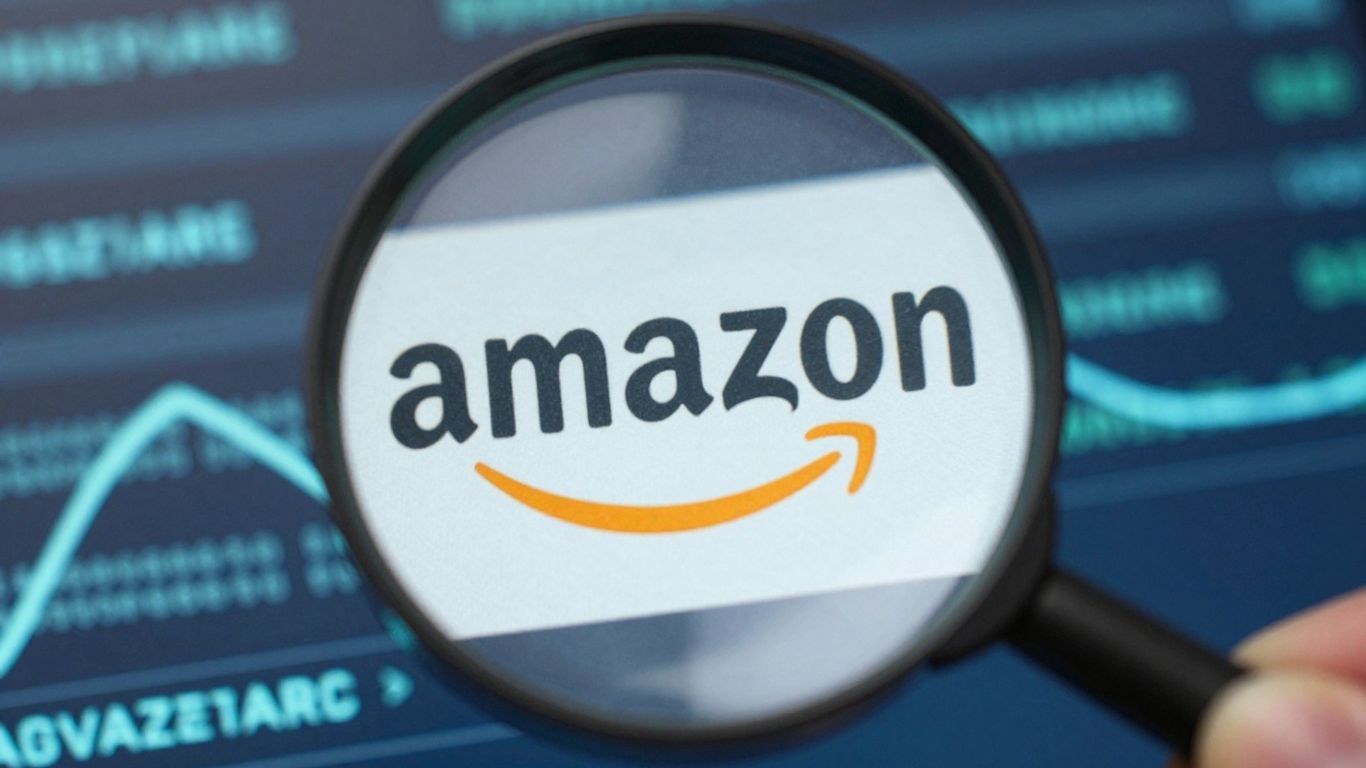 Magnifying glass over Amazon logo with data streams.