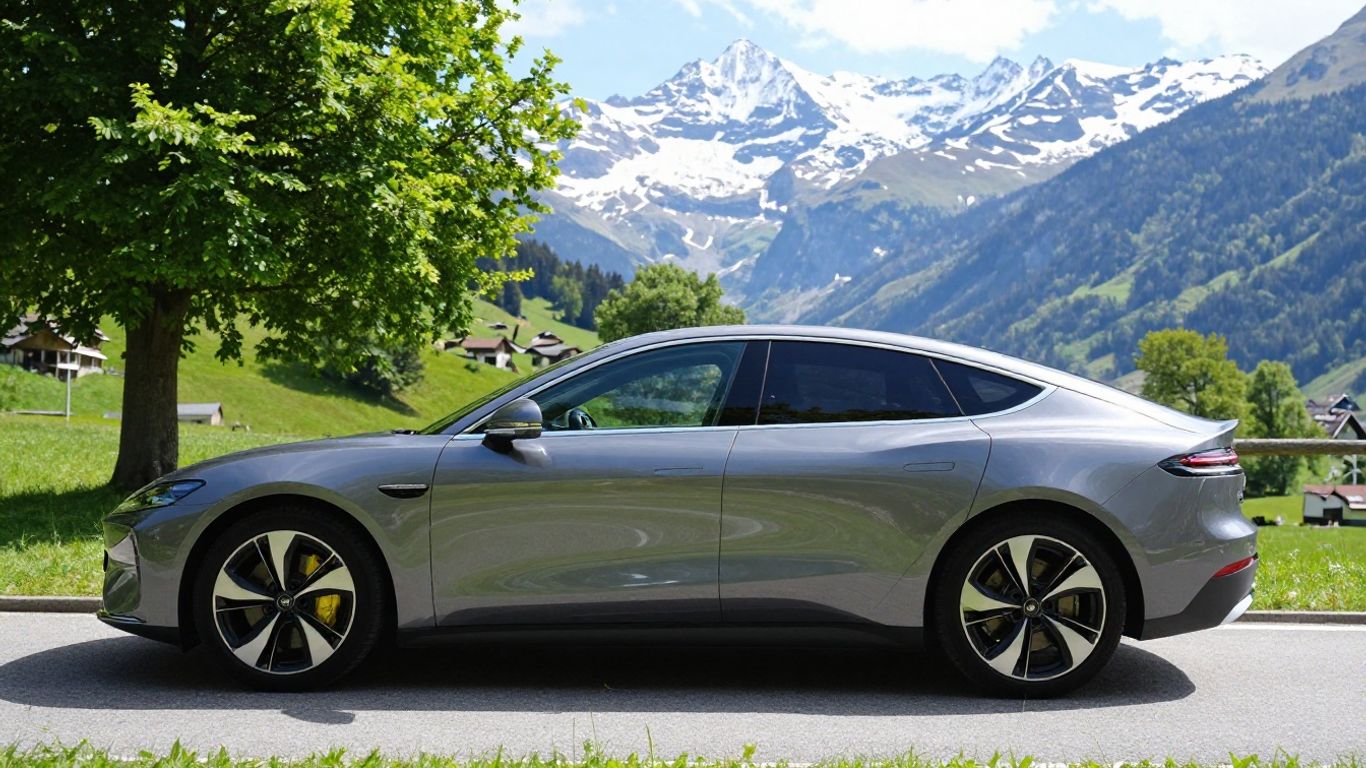 Auto auf Schweizer Bergstraße mit Leasing-Symbol.