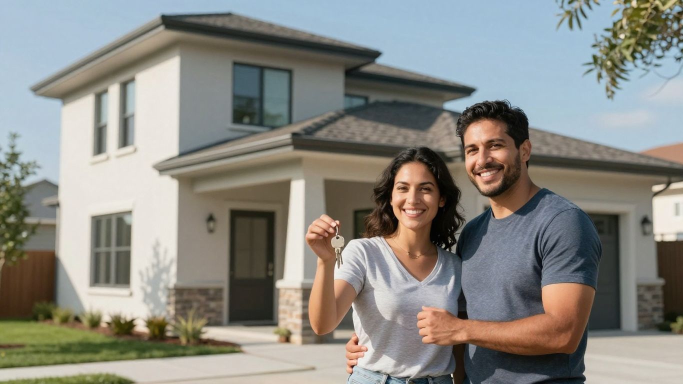Pareja feliz con llaves frente a una casa segura.