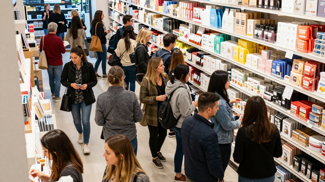 Customers buying goods from attentive sales staff in a bright shop.