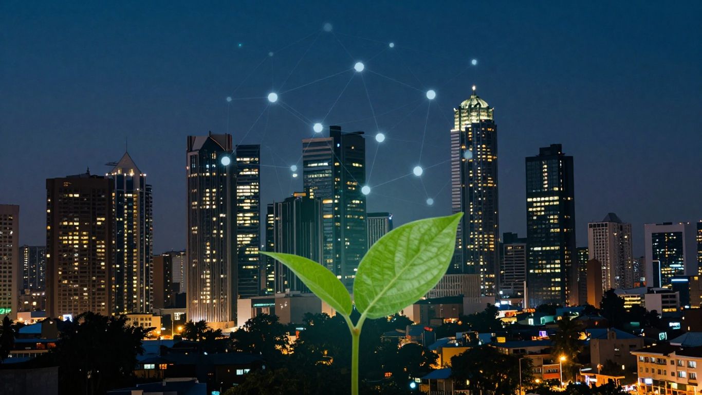 Nigerian cityscape with digital connections and a green leaf.