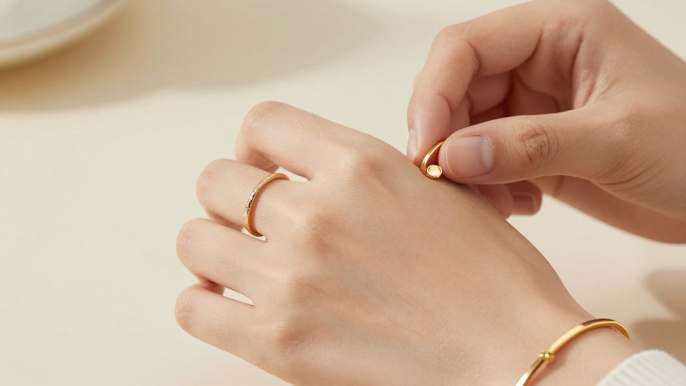 Elegant gold rings and bracelet on a woman's hand.