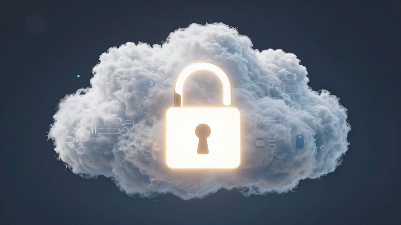 Padlock icon over a cloud computing visual representation