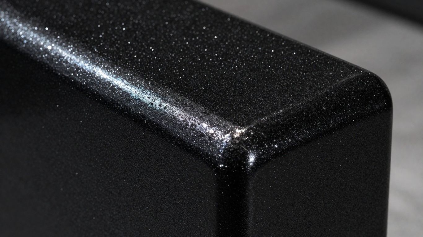 Black sparkle kitchen worktop with reflective particles.