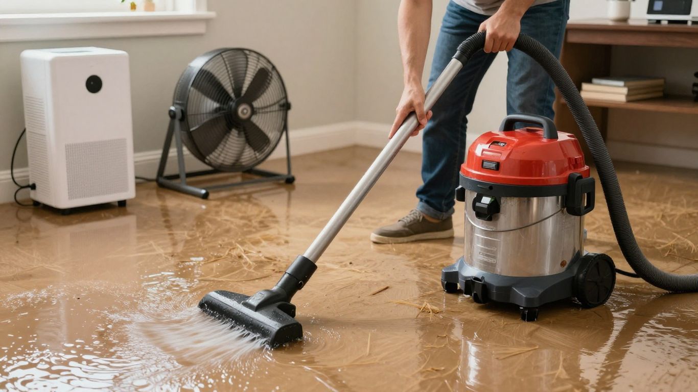 Drying a wet carpet with a vacuum and fans.