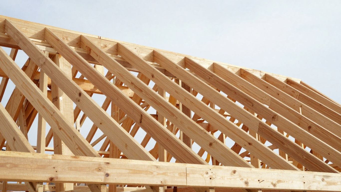 Wooden roof framing structure under construction.