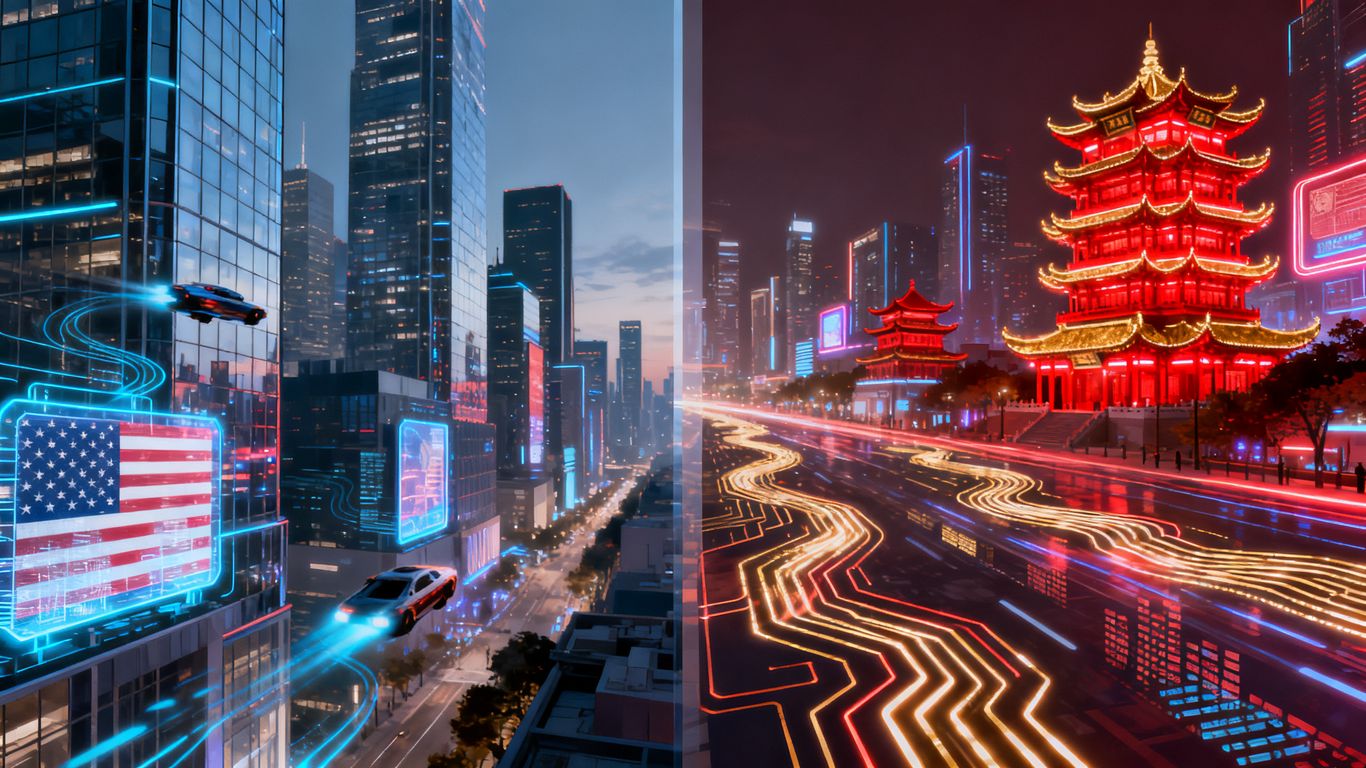 US and China cityscapes in AI race competition.
