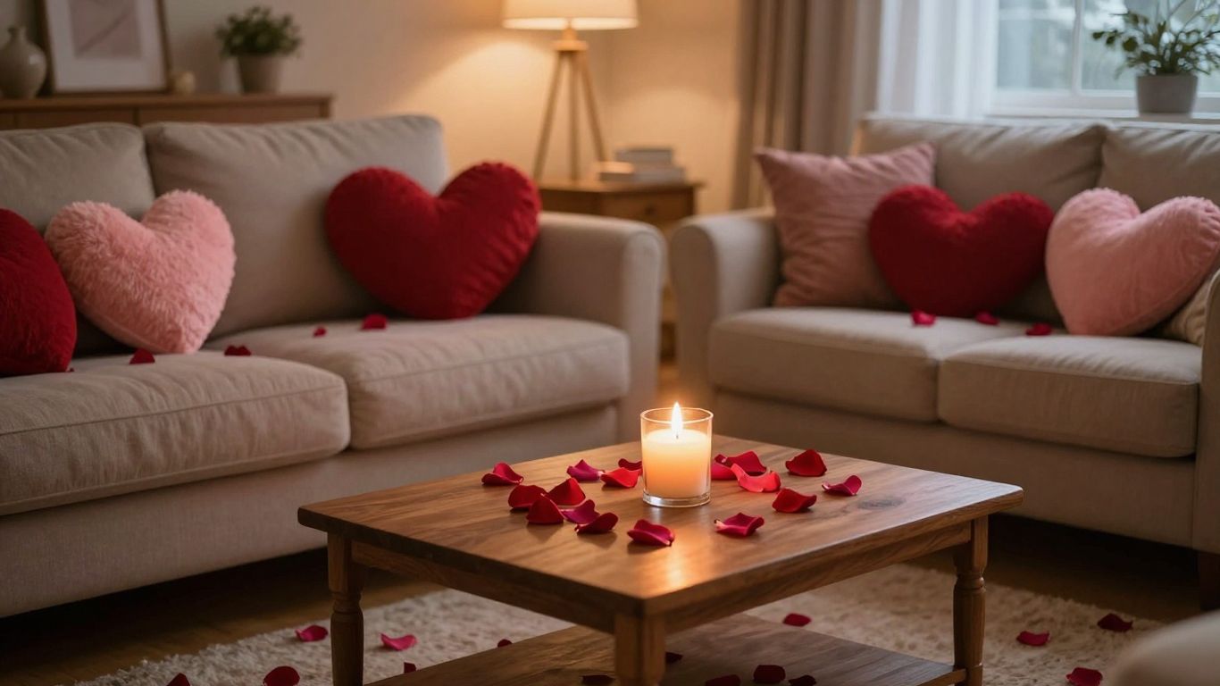 Cozy living room with Valentine's Day decor and soft lighting.