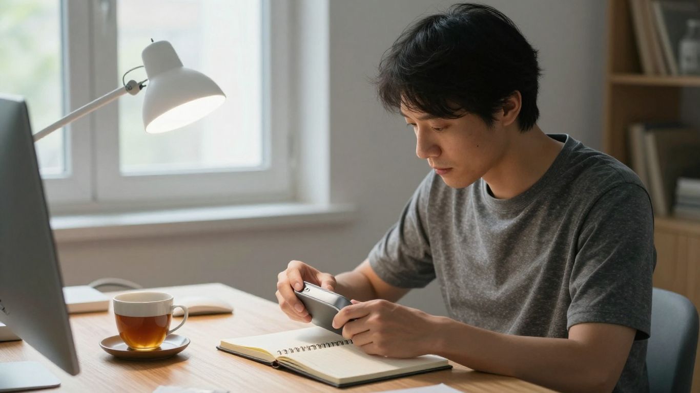Person prüft eine Lichttherapielampe am Schreibtisch