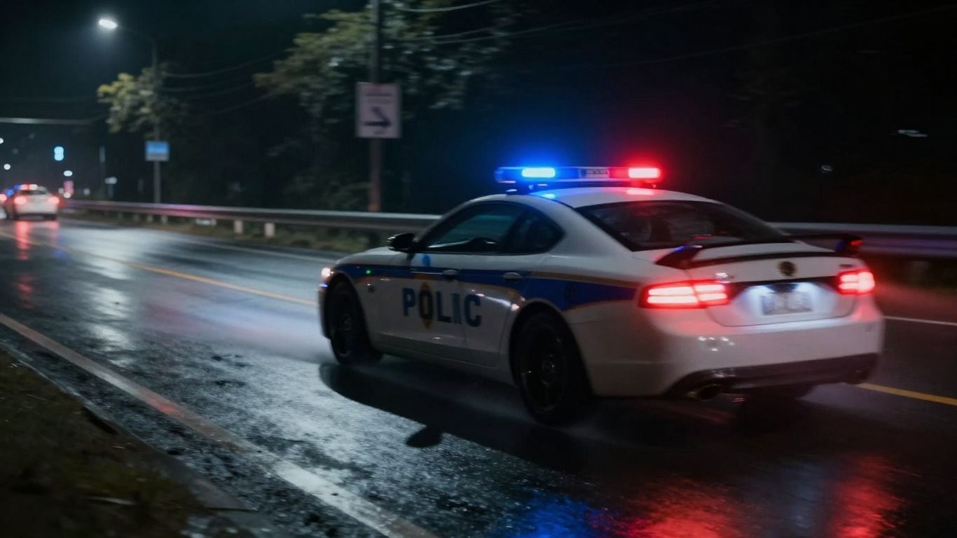 Speeding car with police lights on a wet road.
