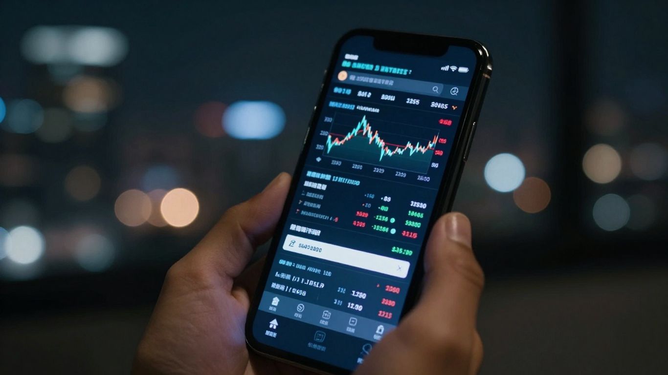 Hand holding smartphone with stock market data.