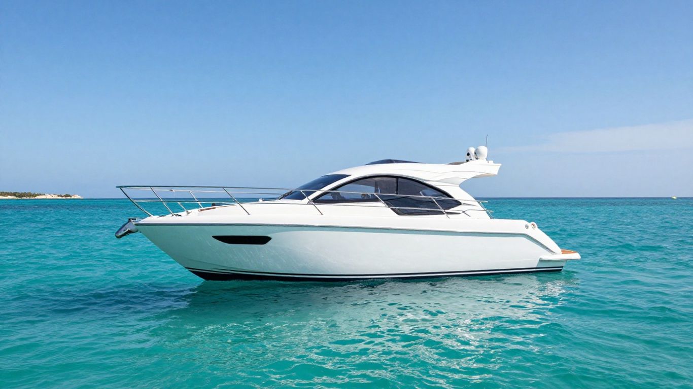 Modern small yacht sailing on a sunny ocean.