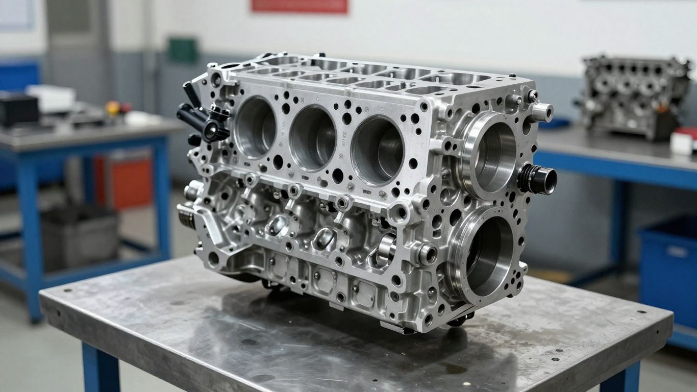 Engine assembly on a steel workbench