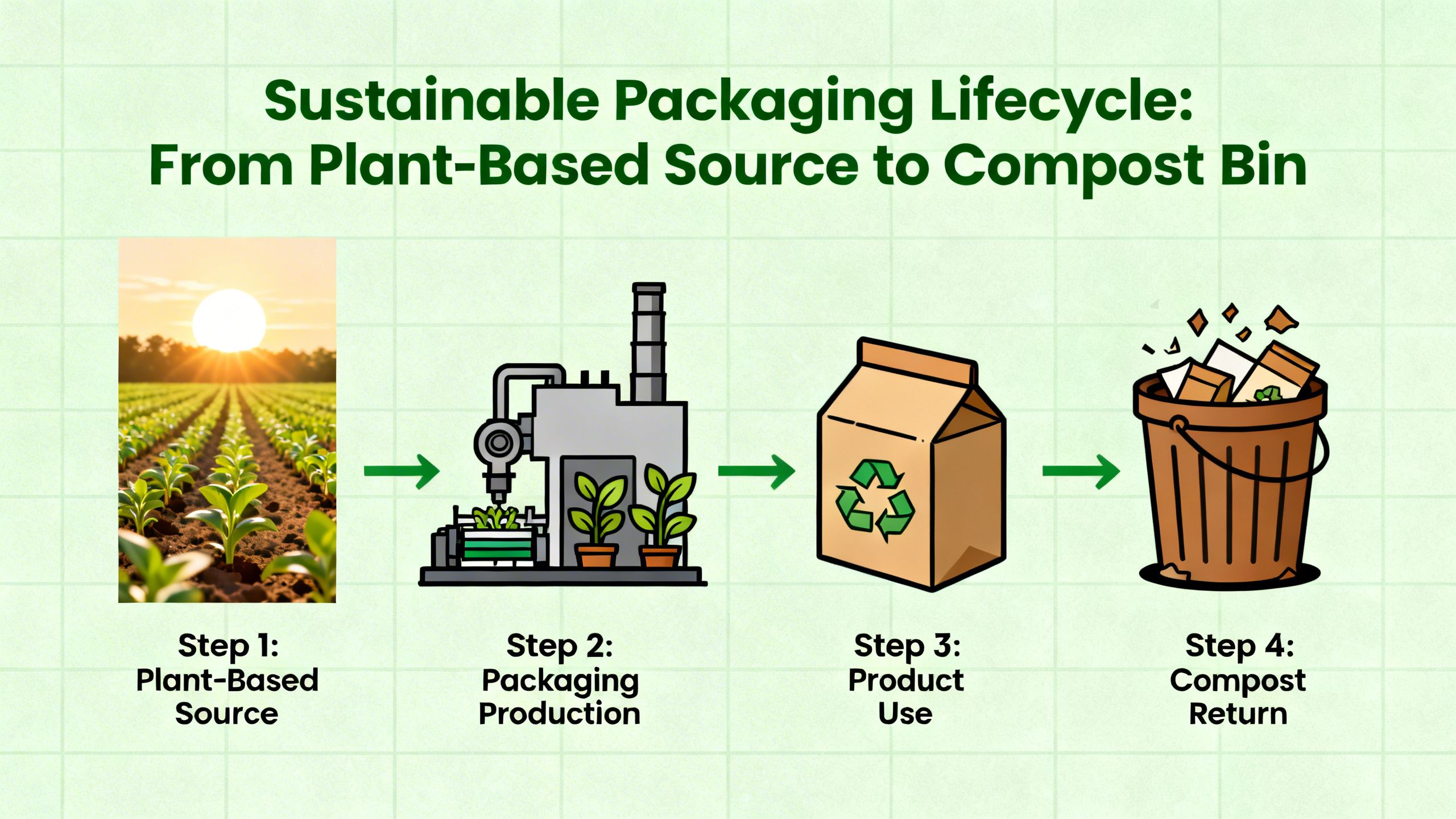 An infographic on a product page showing the lifecycle of its sustainable packaging, from plant-based source to compost bin.