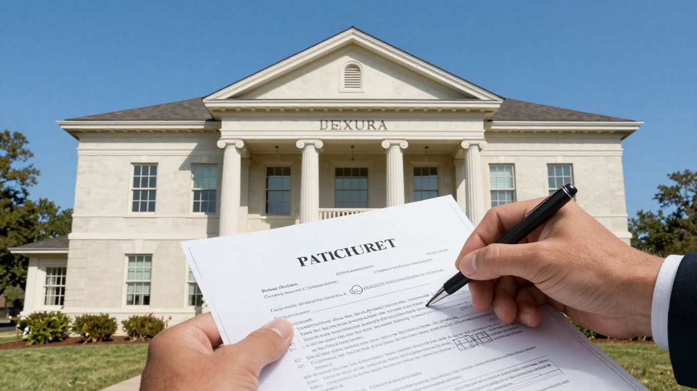 Texas courthouse and a hand placing a document on a house blueprint.