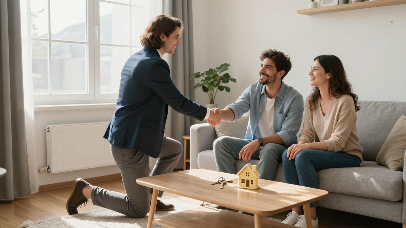 Couple shaking hands with mortgage broker