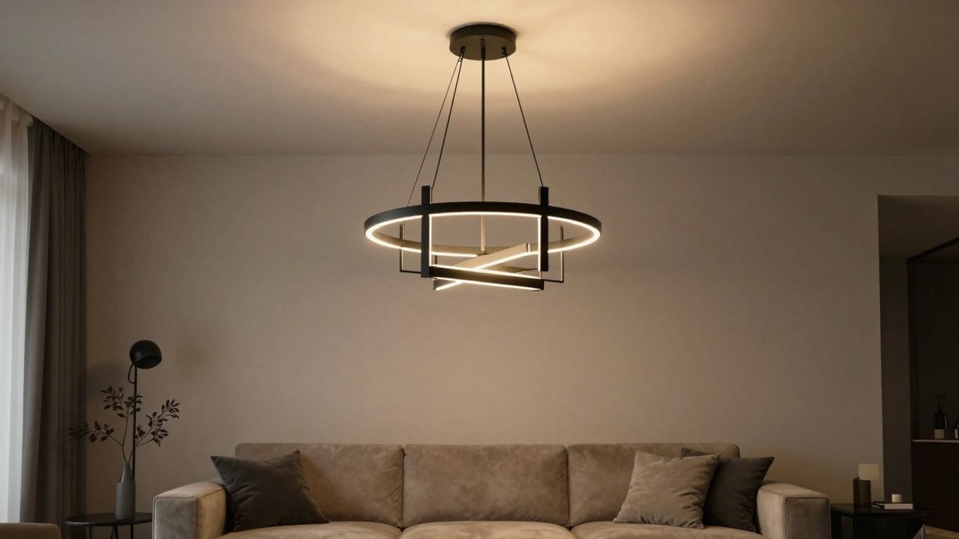 Modern black chandelier in a chic living room setting.