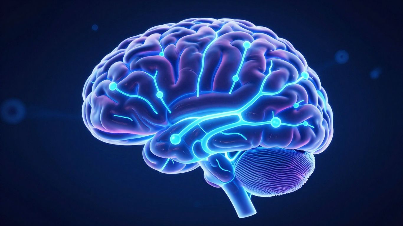 Brain with glowing neural pathways and dopamine molecules.