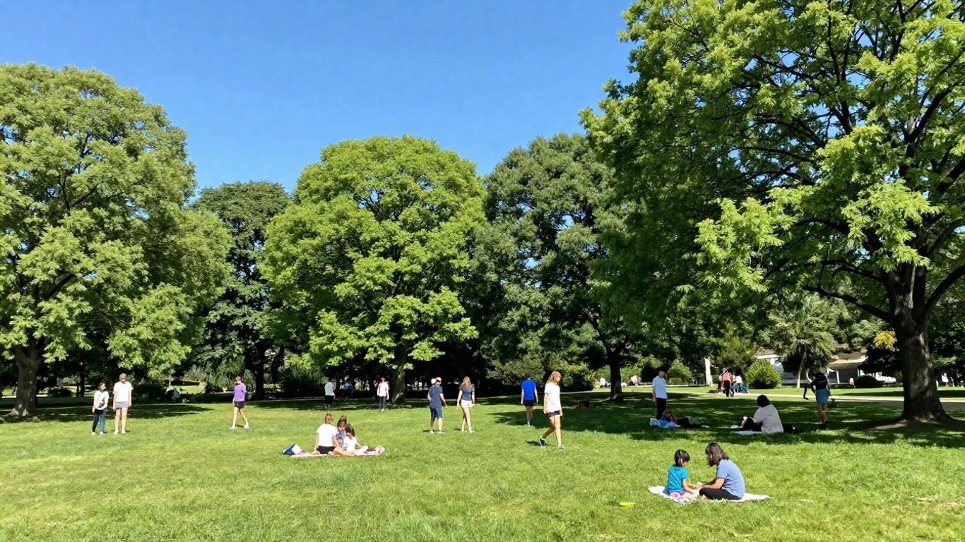 Parc curat cu oameni bucurându-se de activități în aer liber.