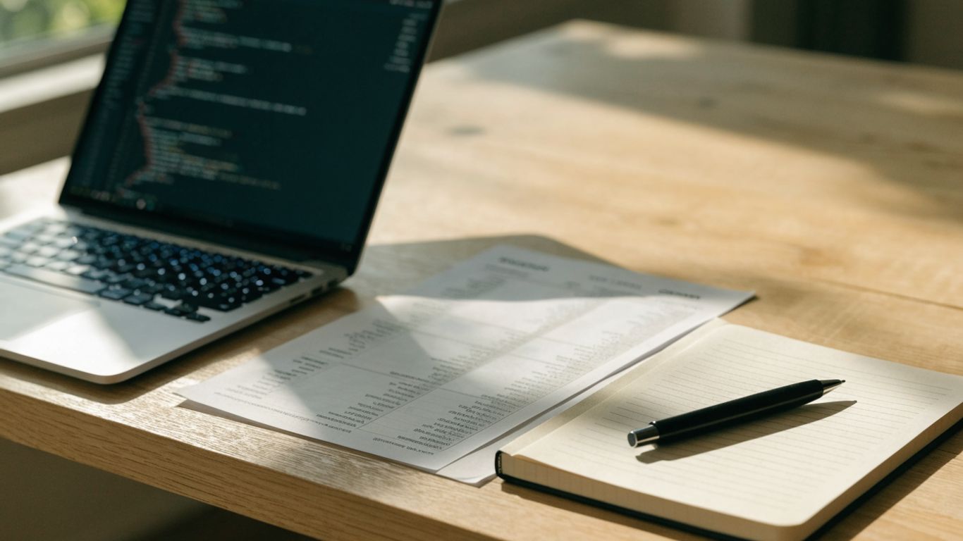 A laptop displaying code beside a bank statement and notebook