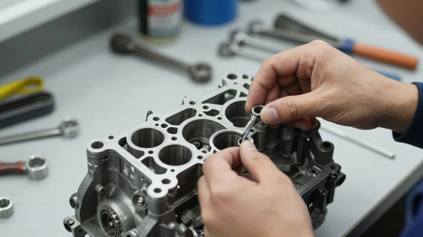 Mechanic working on car engine, clean workshop.