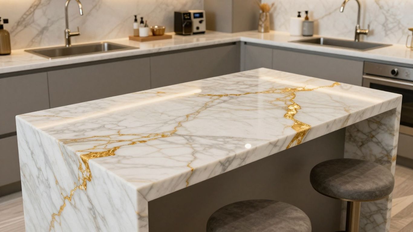Calacatta Gold marble kitchen island with dramatic veining.