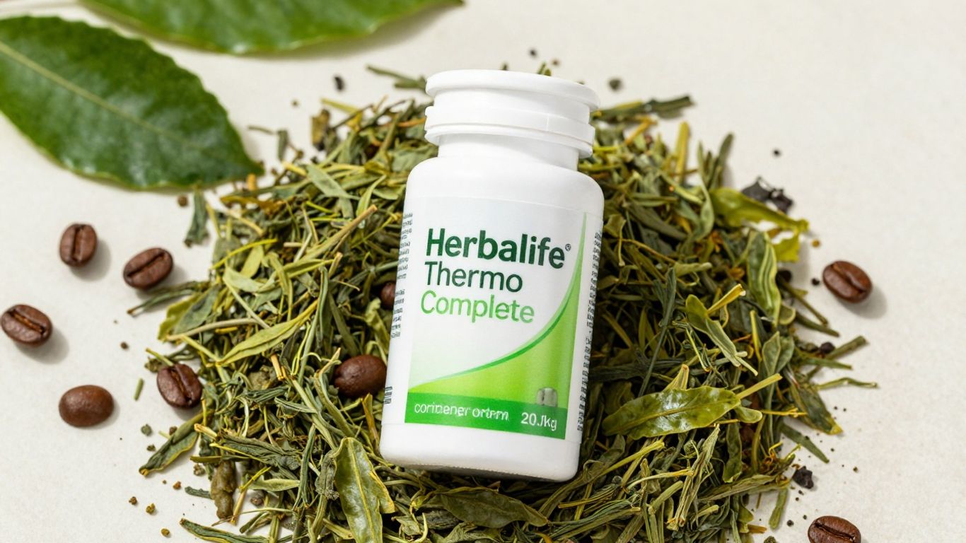 Herbalife Thermo Complete bottle with green tea leaves and coffee beans.