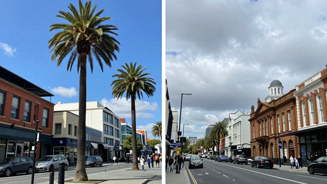 Perth cityscape versus London street comparison.