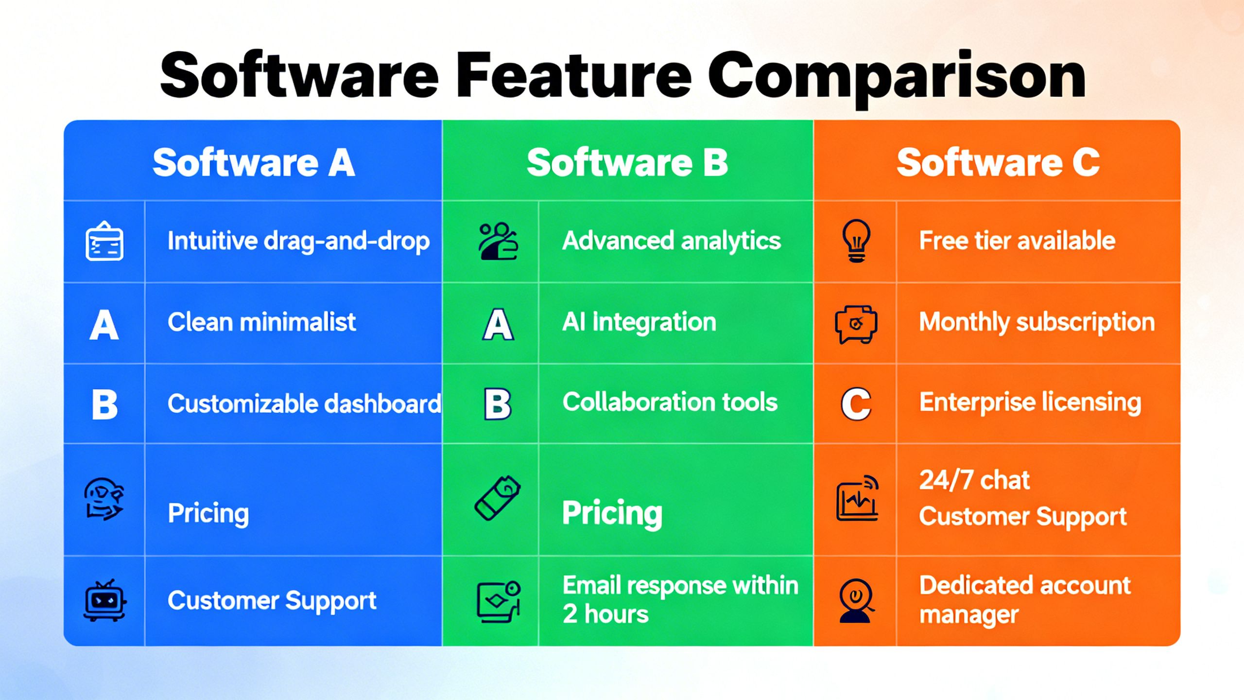 A colorful comparison chart showing features of three different software products