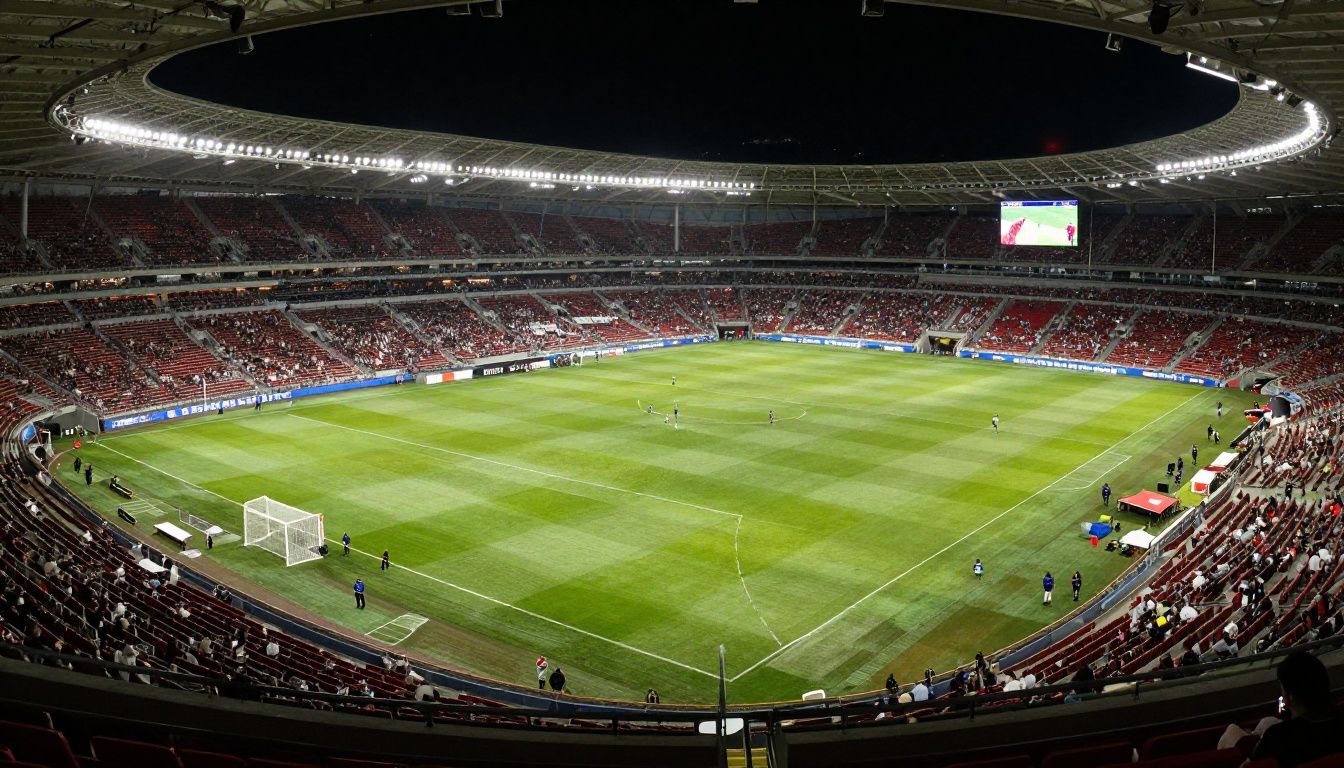 Um estádio de futebol profissional iluminado à noite com uma atmosfera cinematográfica vibrante