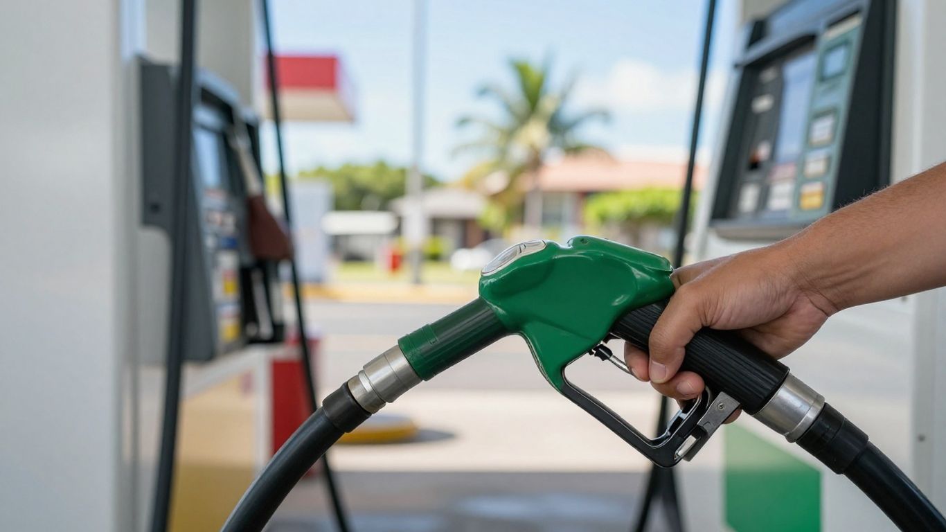 Gas pump nozzle filling a car tank on Maui.