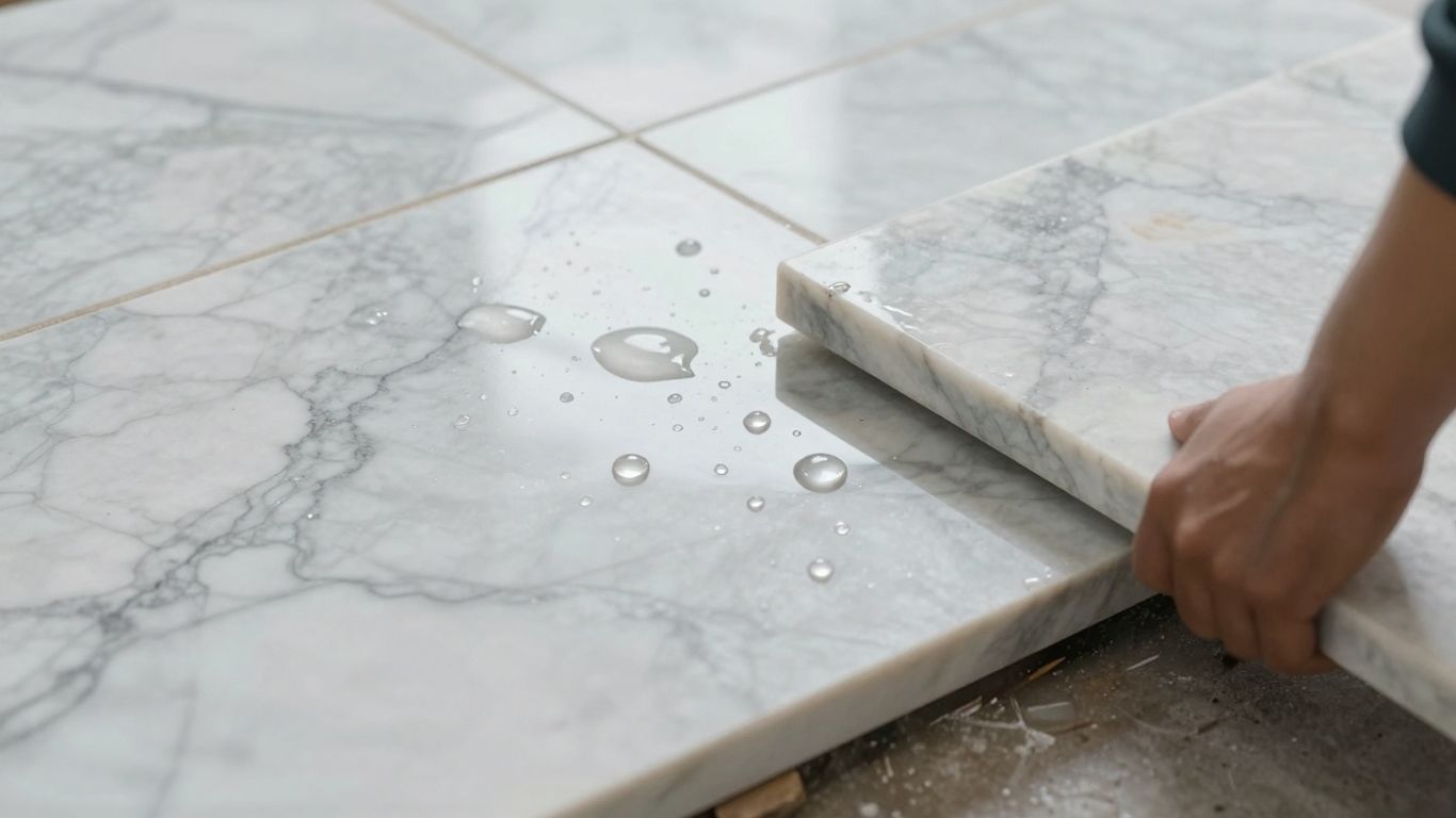 Marble tile with water droplets, installation sketch.