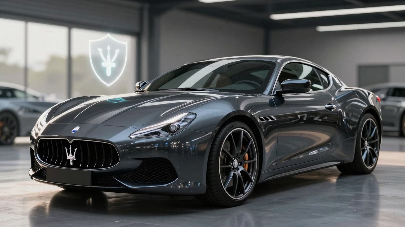 Maserati car with a protective shield icon.