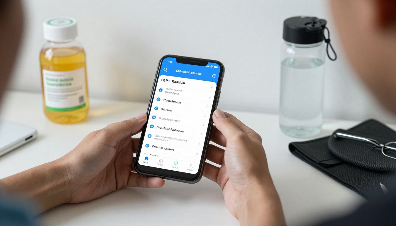 Bright modern health-tech scene with a diverse U.S. adult organizing a GLP-1 medication tracking routine beside a smartphone health app, labeled supplement organizer, lab results, water bottle, and fitness items on a clean desk; realistic photography, natural light, no text or logos