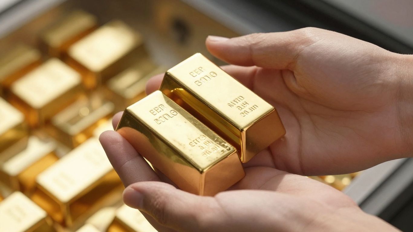 雙手將金條放入保險箱。