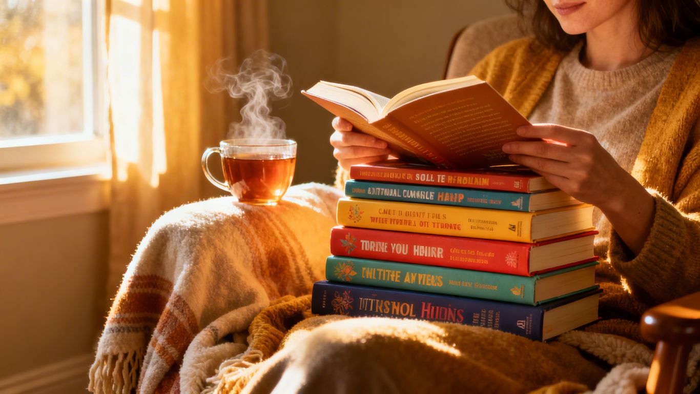 Person reading self-help books by a sunny window