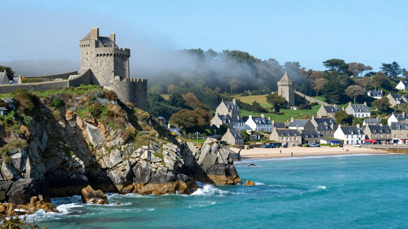 Brittany coastline with cliffs, castle, and charming village
