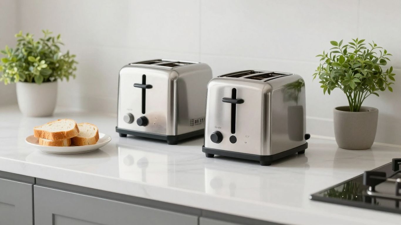 Dos tostadoras modernas en una cocina sencilla y luminosa.
